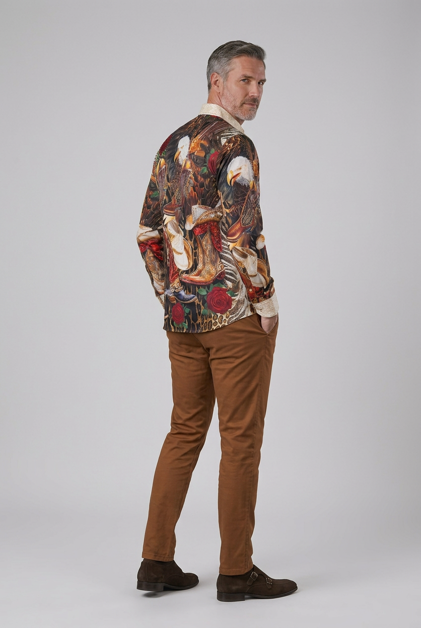 Men’s Western Cowboy Boot & Eagle Print Button-Up Shirt