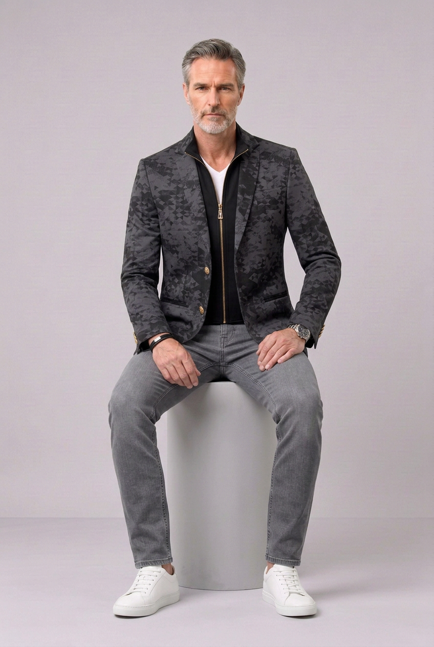 Men’s Charcoal Geometric Zip-Front Blazer