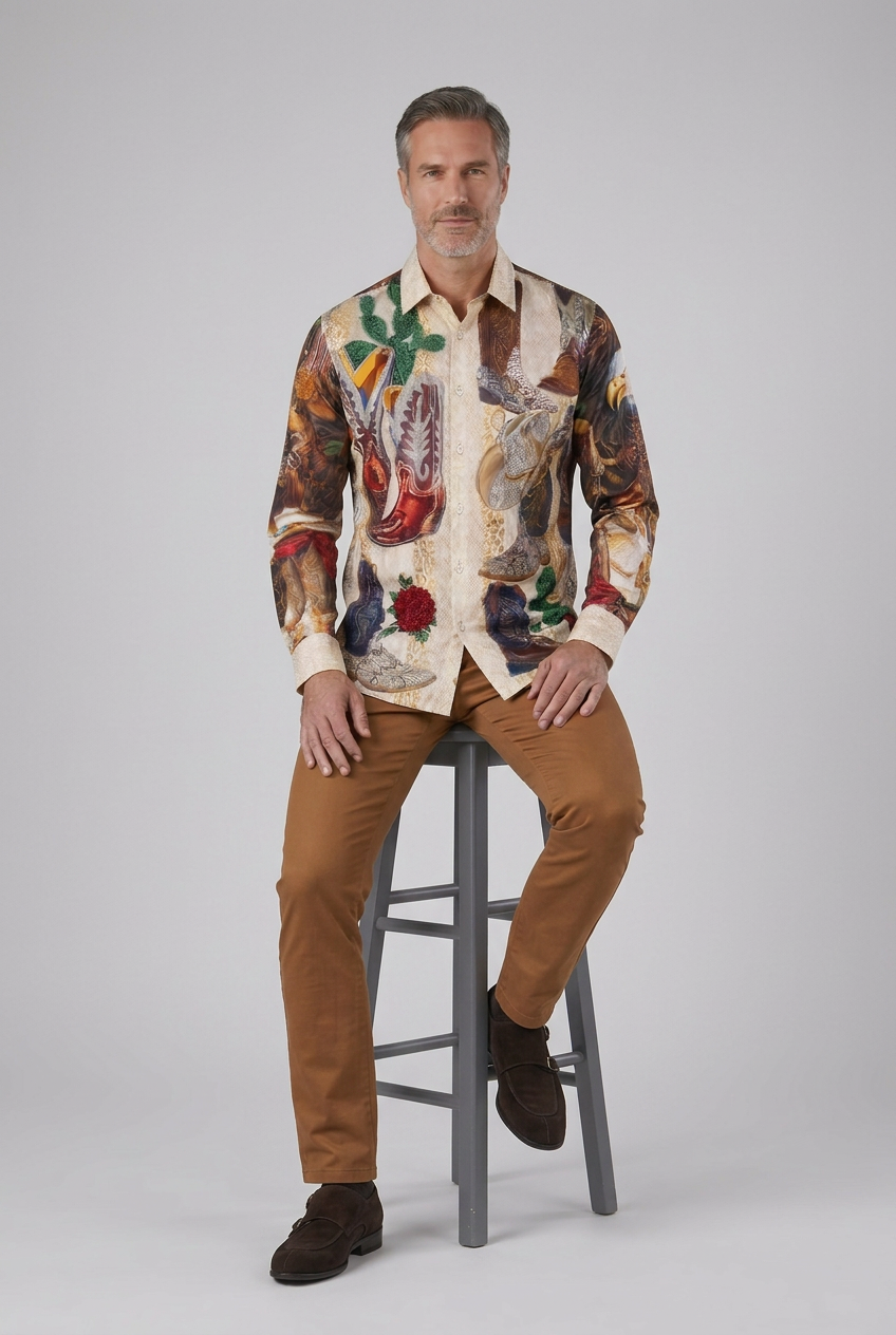 Men’s Western Cowboy Boot & Eagle Print Button-Up Shirt