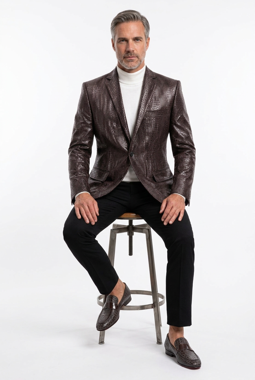 Model H seated with brown crocodile-pattern loafers