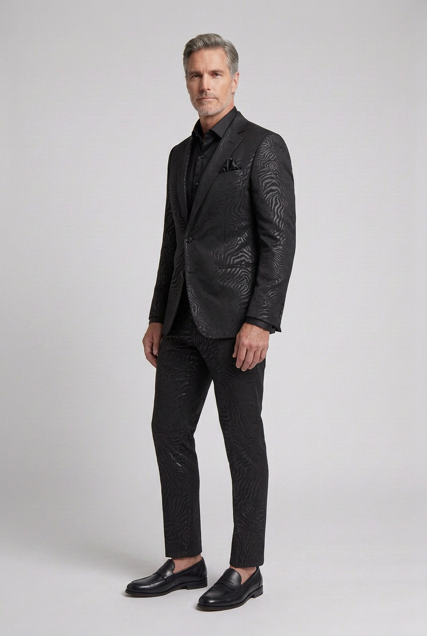 Men’s Black Tonal Wave-Pattern Pants