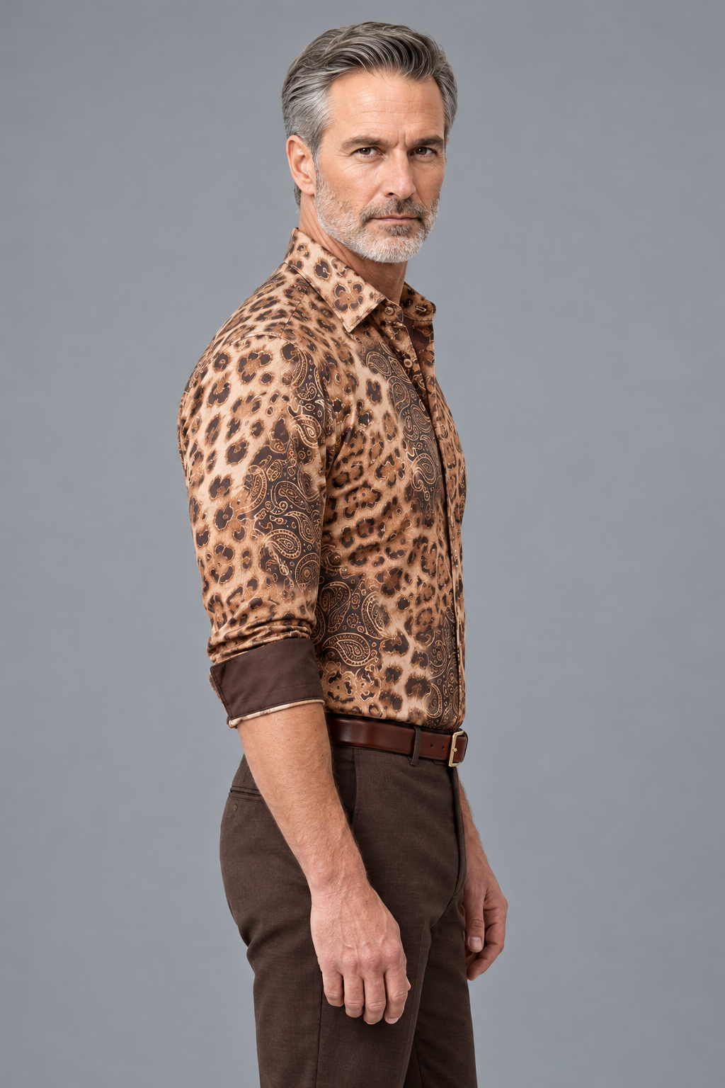 Leopard & Paisley Print Button-Down Shirt – Tan & Brown