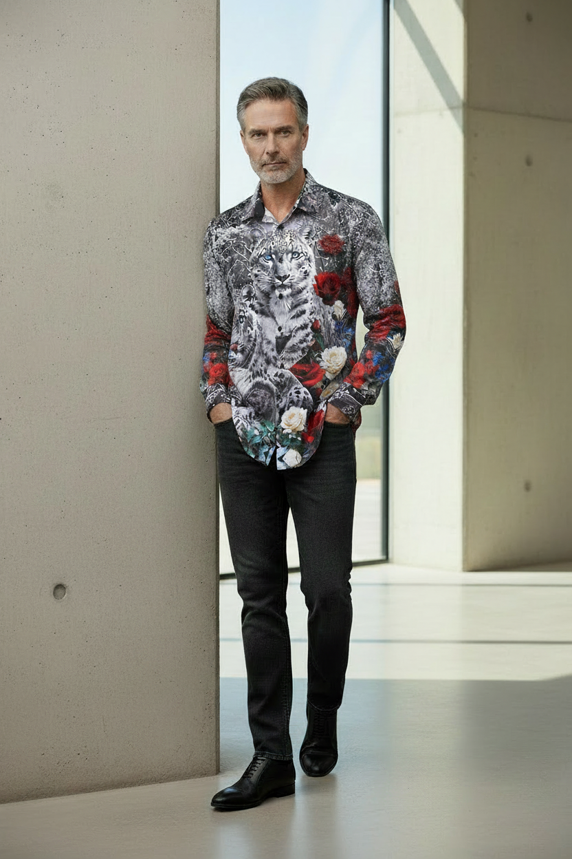 Snow Leopard Poppy Garden Shirt - Black & Red Floral Print