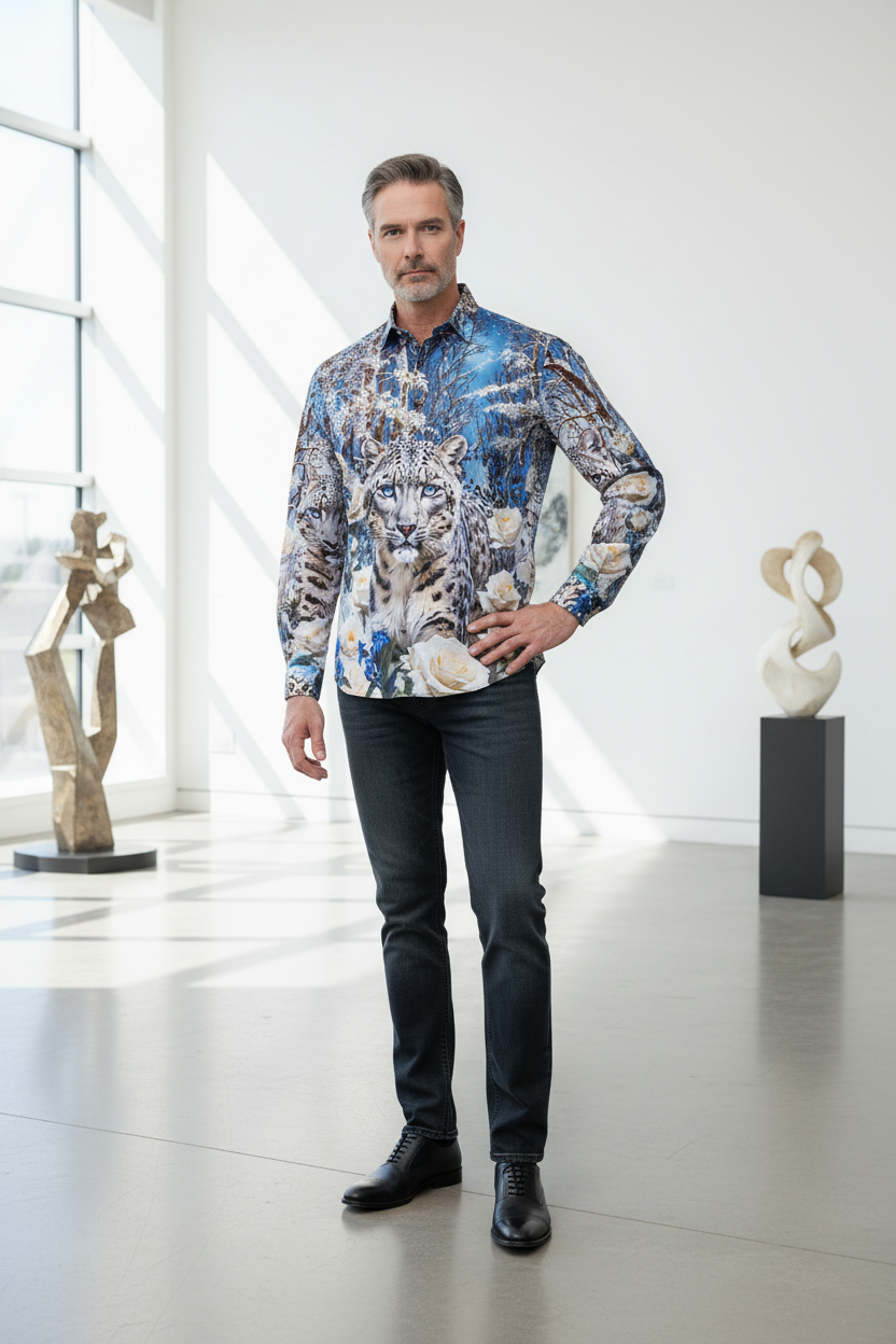Snow Leopard Azure Garden Shirt - Blue & White Floral Print