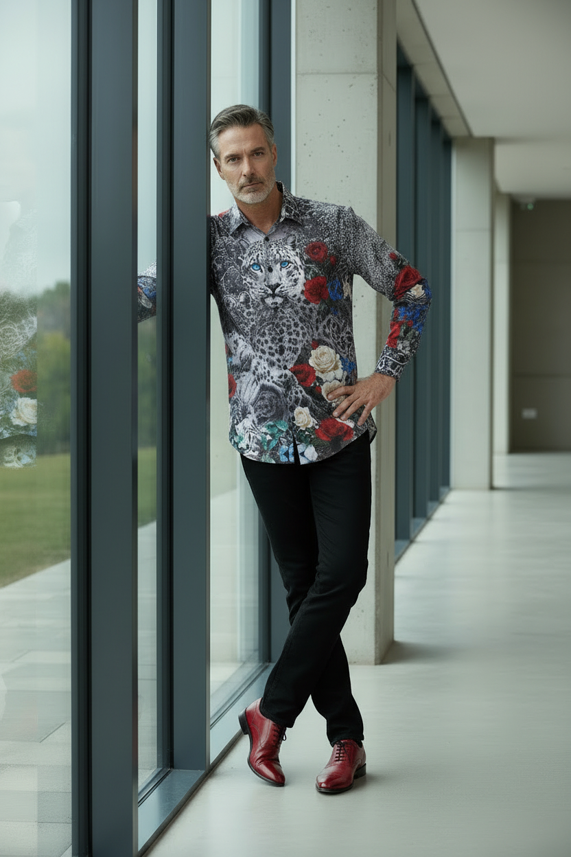 Snow Leopard Poppy Garden Shirt - Black & Red Floral Print