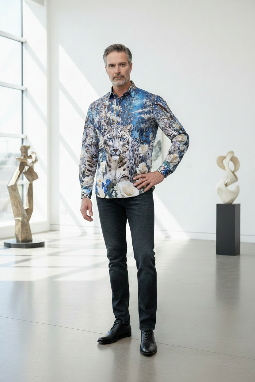 Snow Leopard Azure Garden Shirt - Blue & White Floral Print