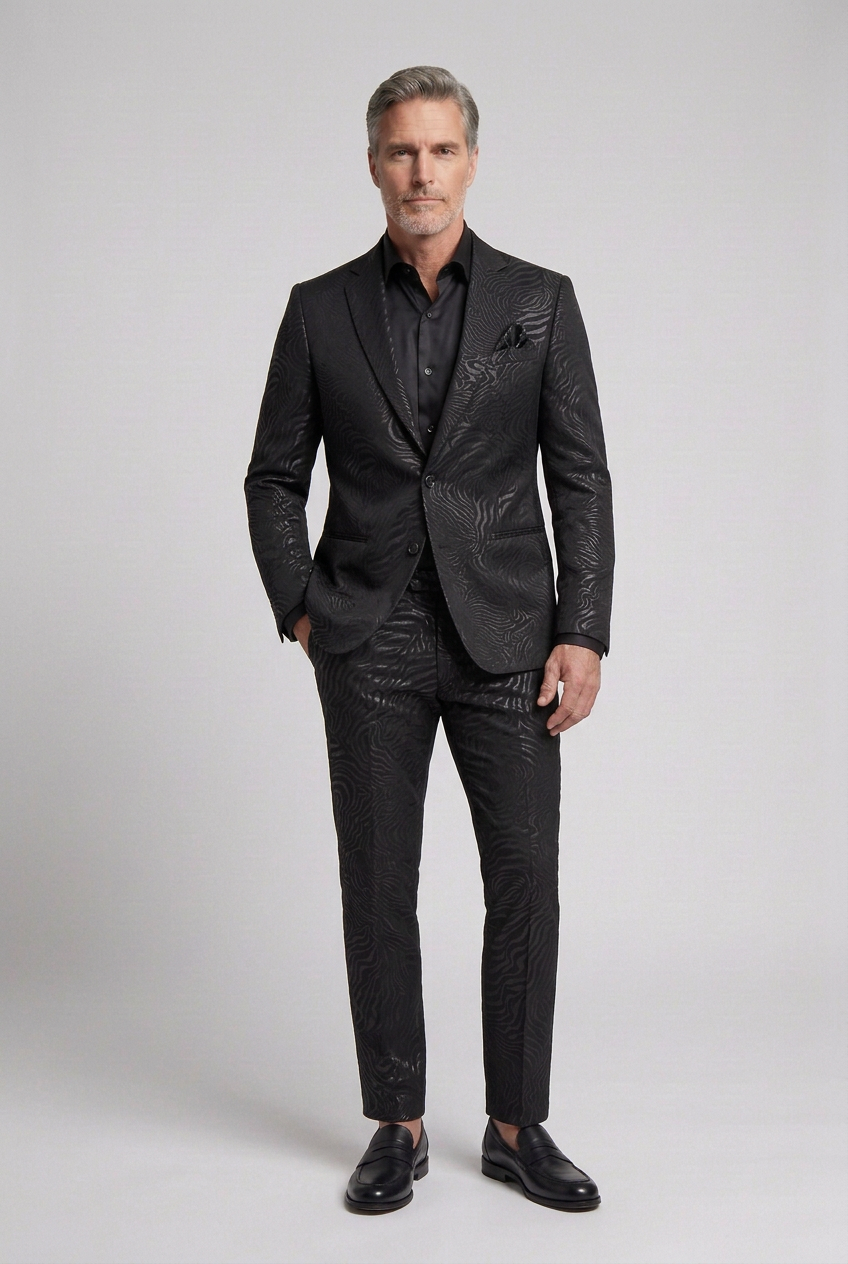 Men’s Black Tonal Wave-Pattern Pants