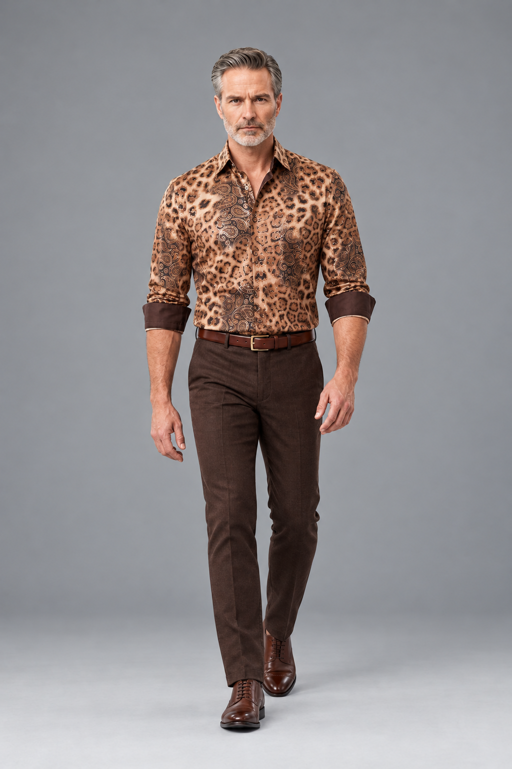 Leopard & Paisley Print Button-Down Shirt – Tan & Brown