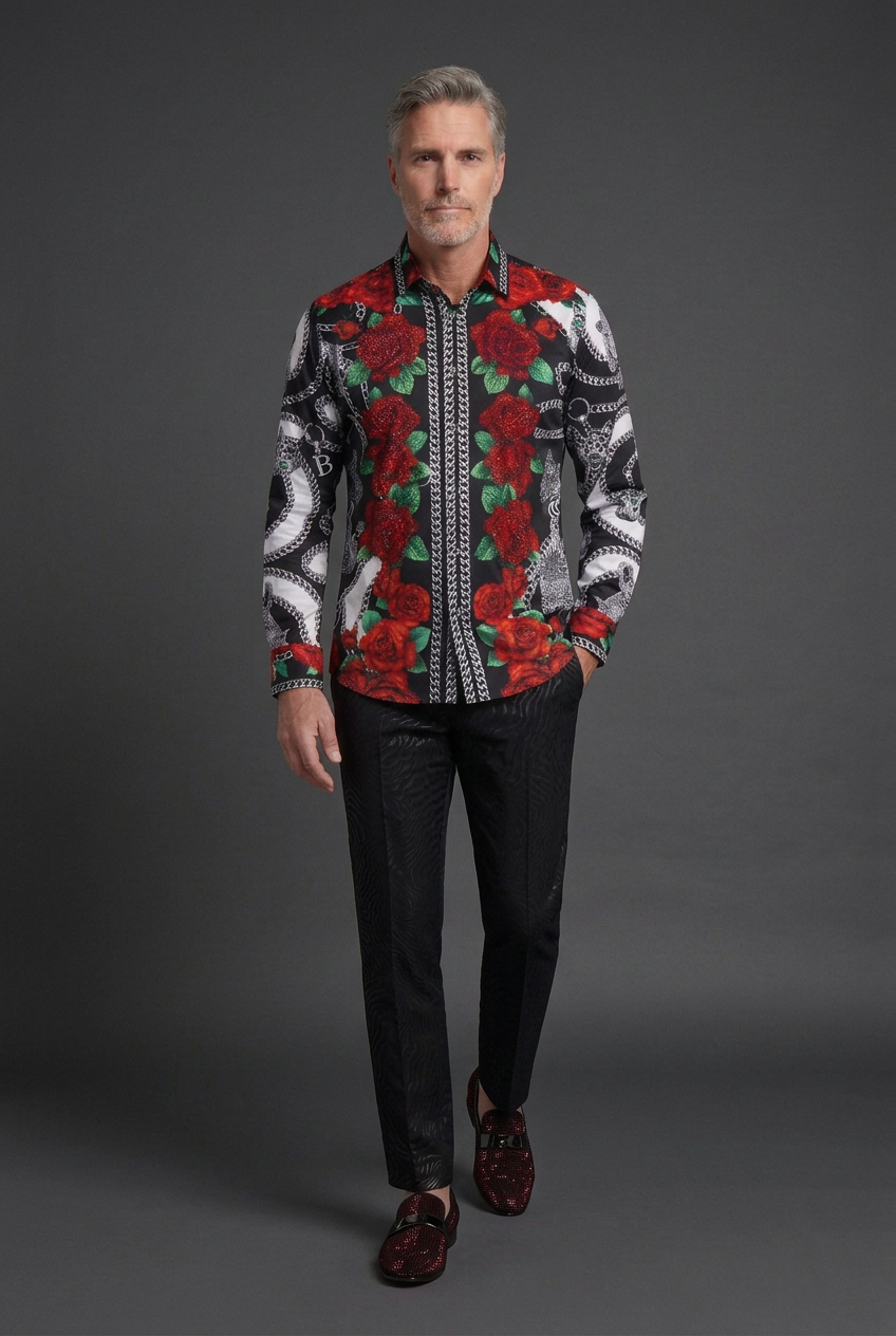 Men’s Black Rose & Chain-Print Button-Up Shirt