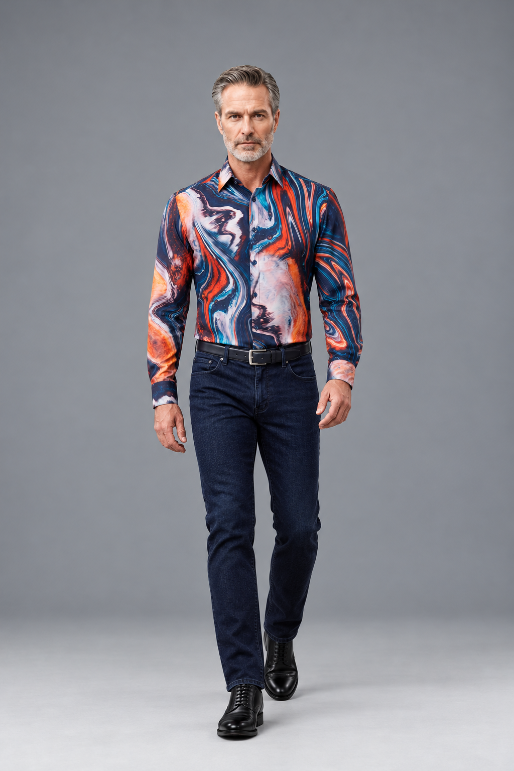 Abstract Marble Print Button-Down Shirt – Navy & Multicolor