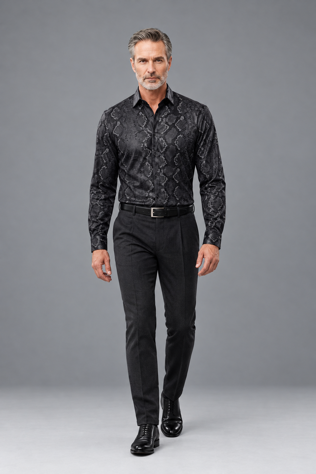 Snakeskin-Inspired Print Button-Down Shirt – Black & Charcoal
