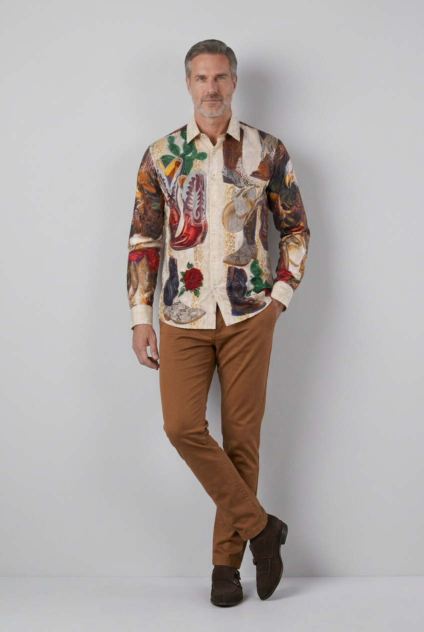 Men’s Western Cowboy Boot & Eagle Print Button-Up Shirt
