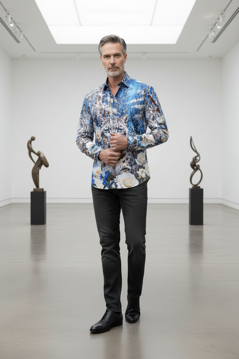 Snow Leopard Azure Garden Shirt - Blue & White Floral Print