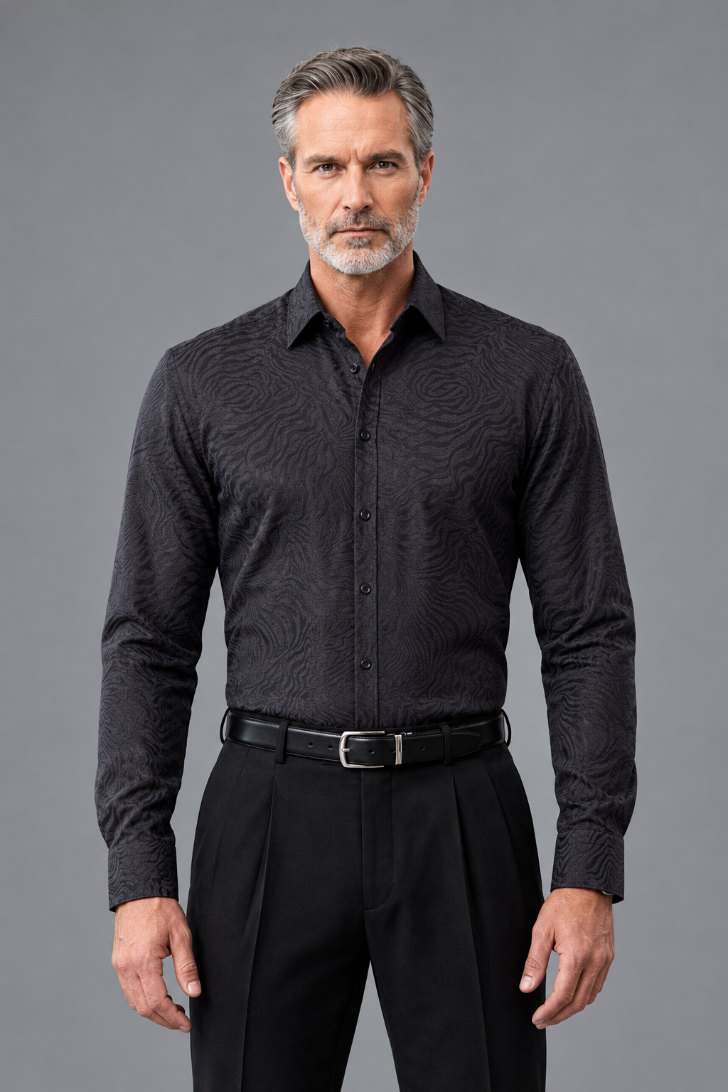 Tonal Swirl Print Button-Down Shirt – Charcoal
