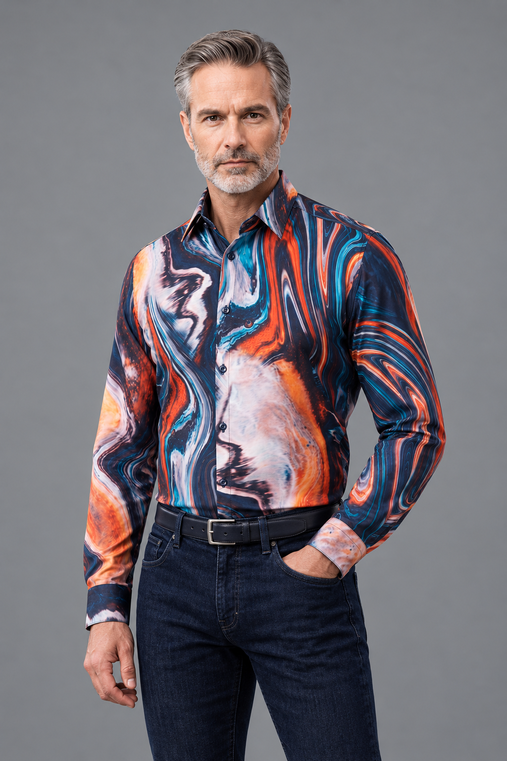 Abstract Marble Print Button-Down Shirt – Navy & Multicolor
