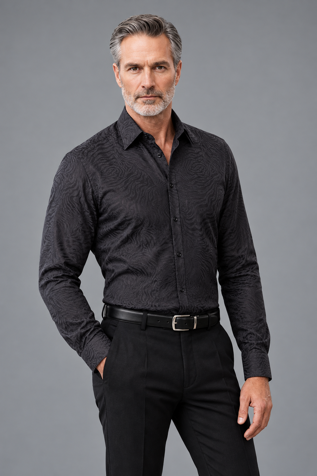 Tonal Swirl Print Button-Down Shirt – Charcoal