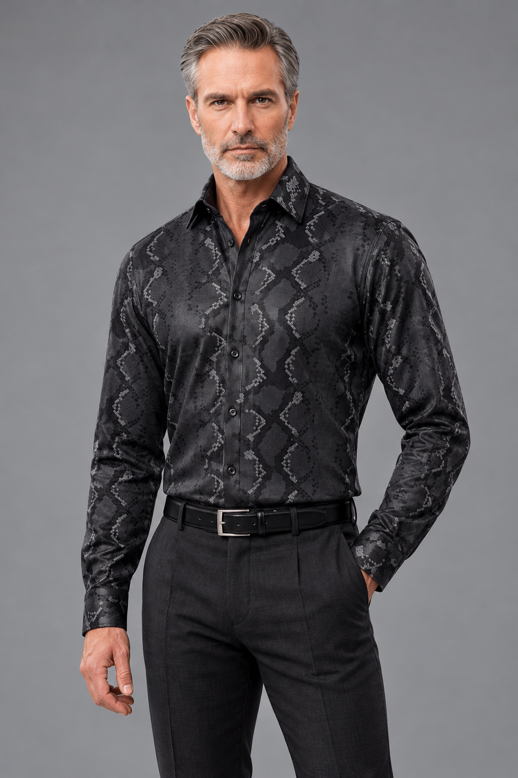 Snakeskin-Inspired Print Button-Down Shirt – Black & Charcoal