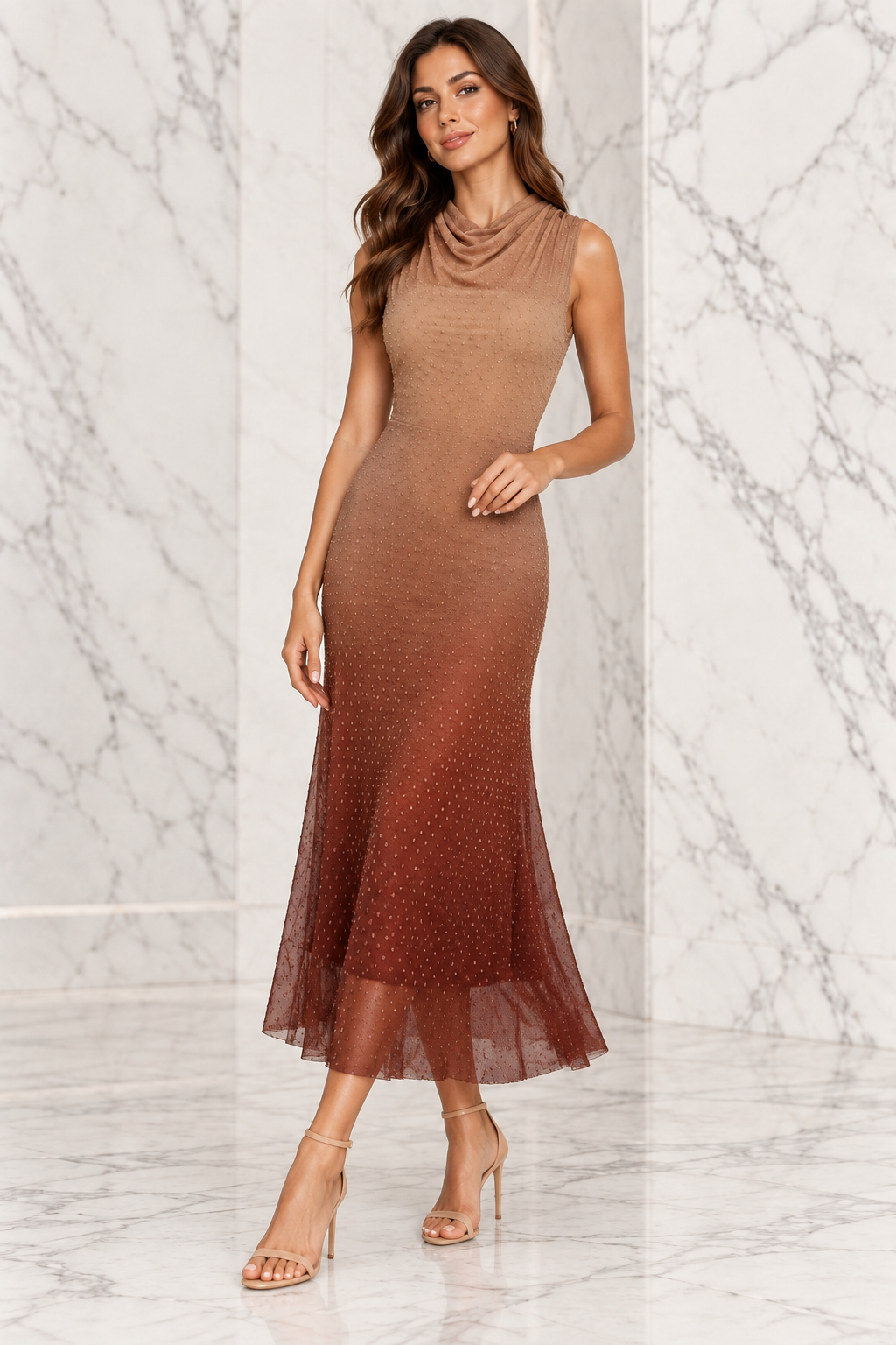Model in a three-quarter pose showing the dress