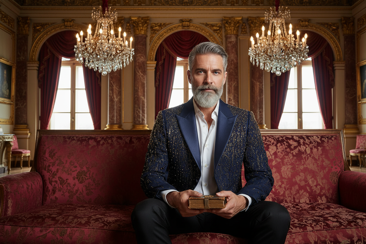 Model in royal palace setting