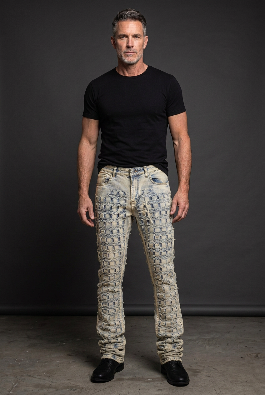 Model wearing pale patchwork stacked jeans