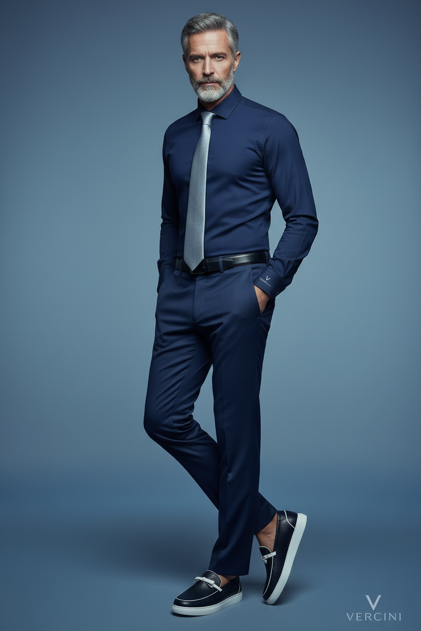 Navy loafer leaning