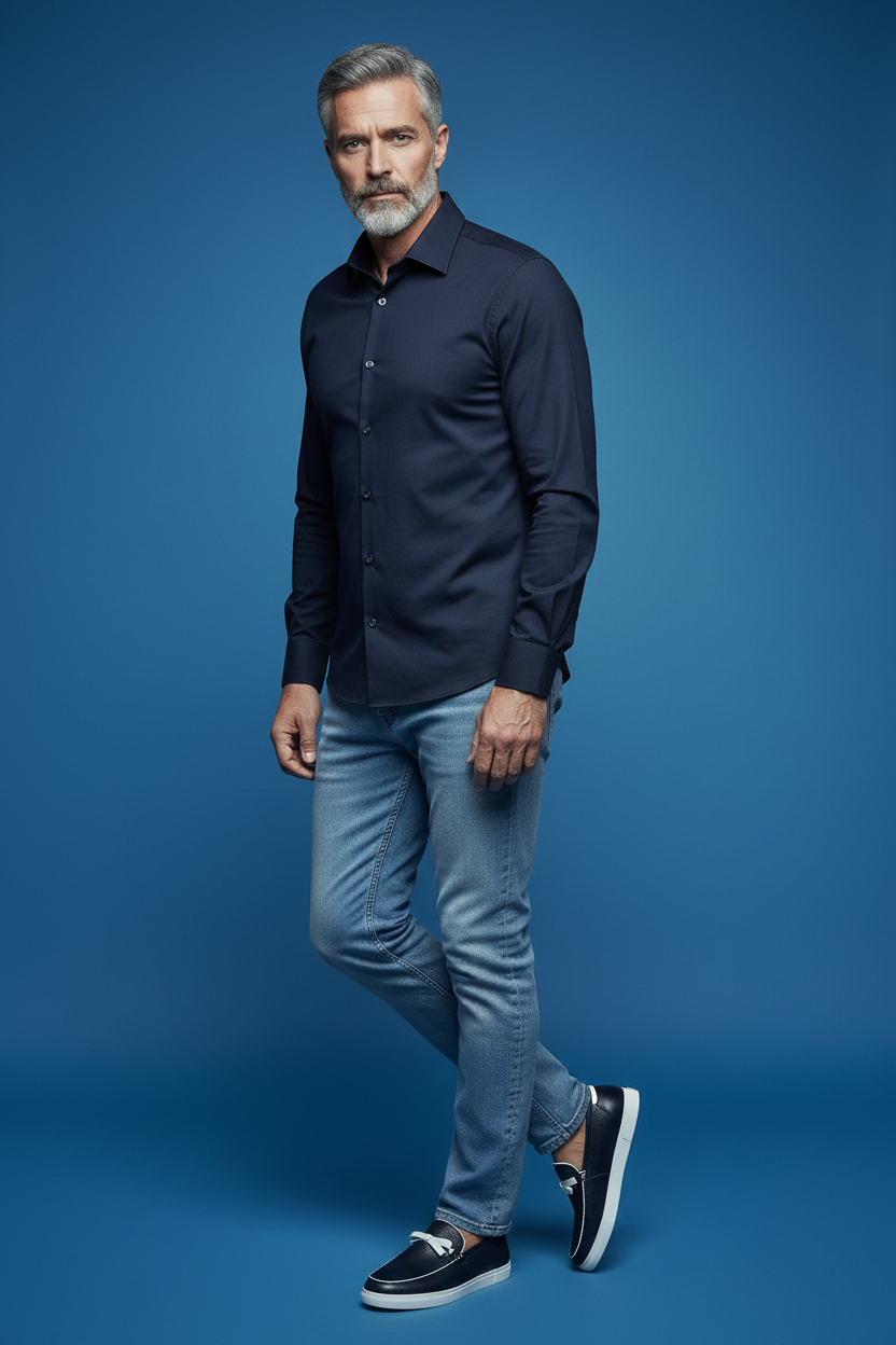 Navy loafer with jeans leaning