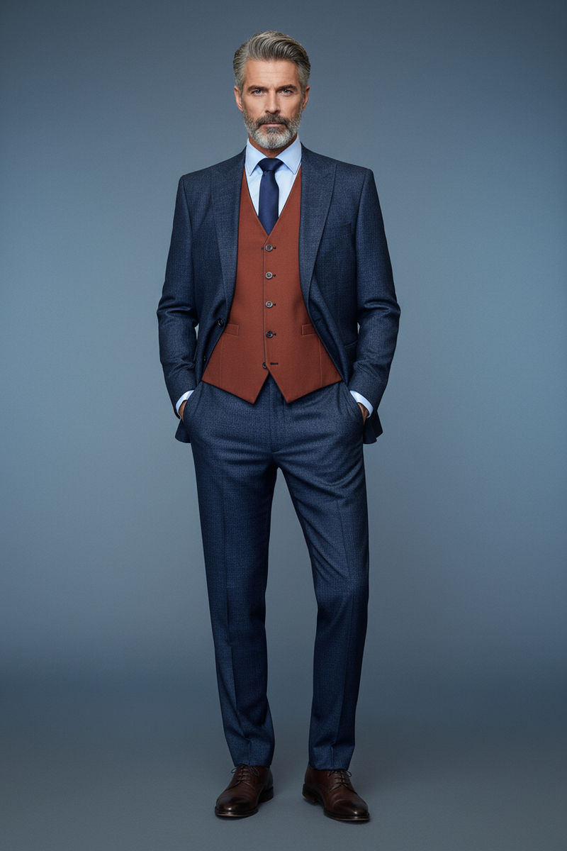 Vercini Modern Elegance Navy - Terra Jacquard 3-Piece Suit SUITS
