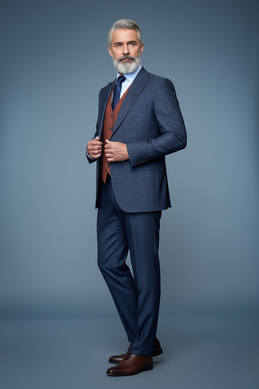 Navy Suit - Three-Quarter Pose with Matched Vest