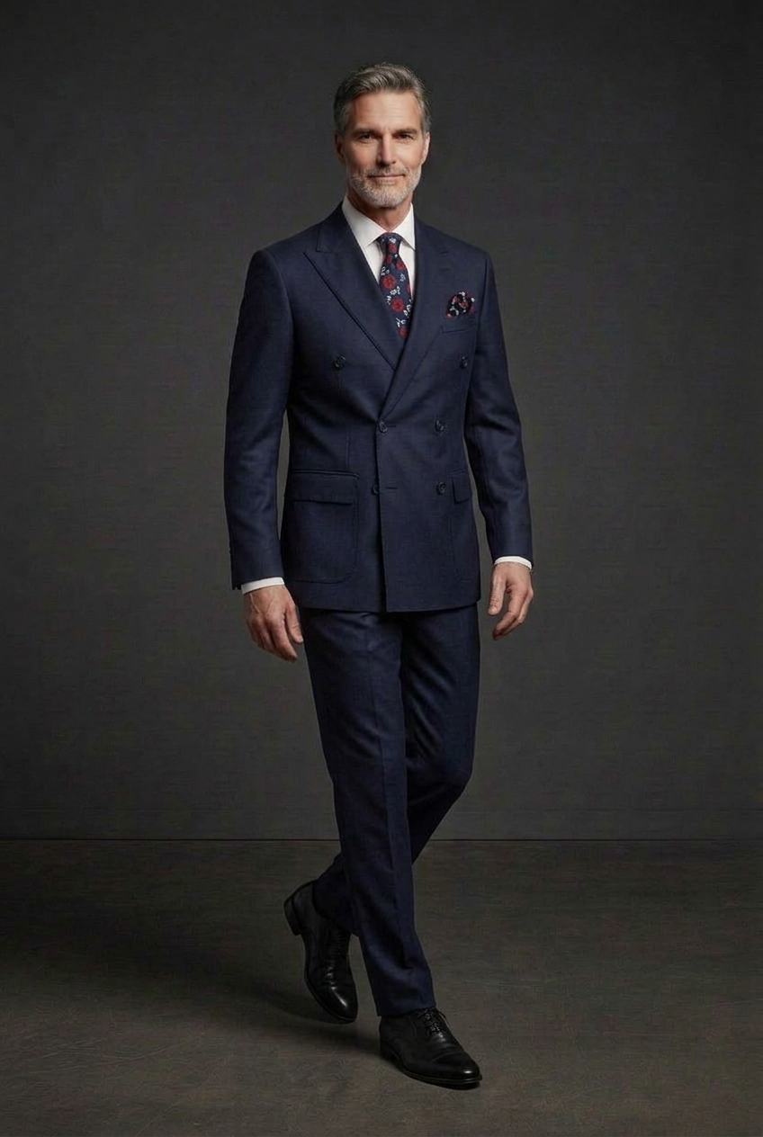 Navy suit walking floral tie pose