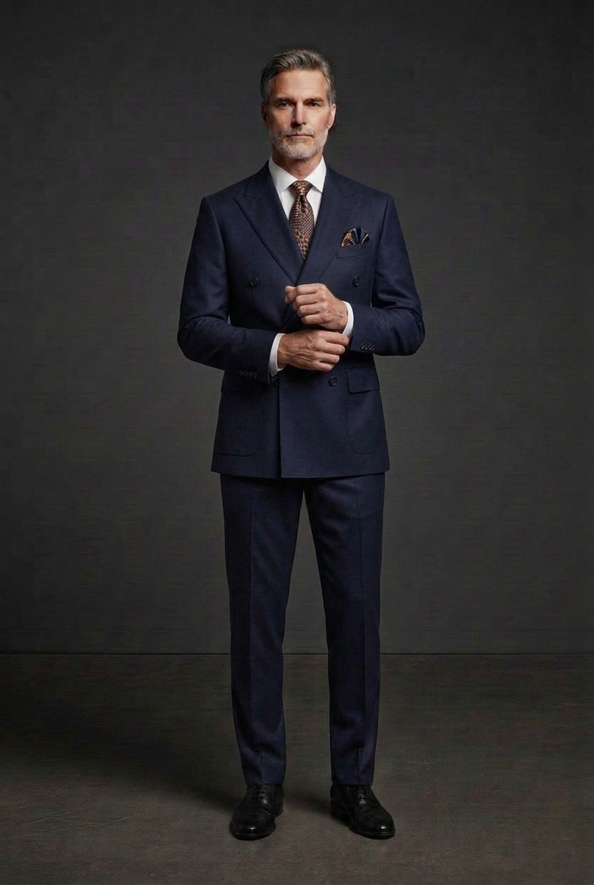 Navy suit with new patterned tie and matching hanky