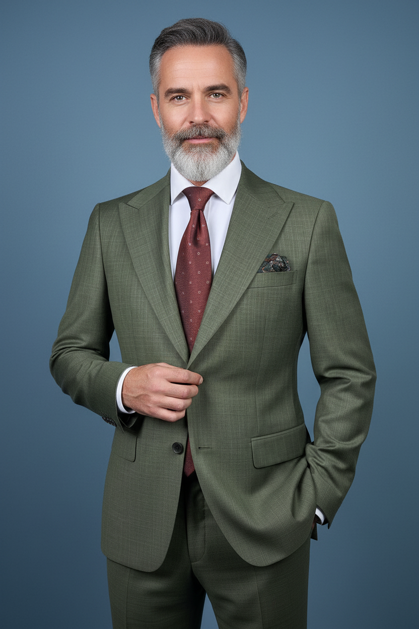 Olive suit adjusting jacket blue background