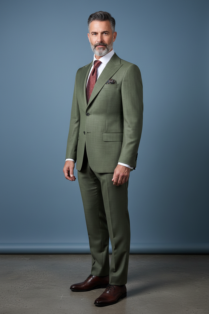Olive suit three-quarter turn blue background