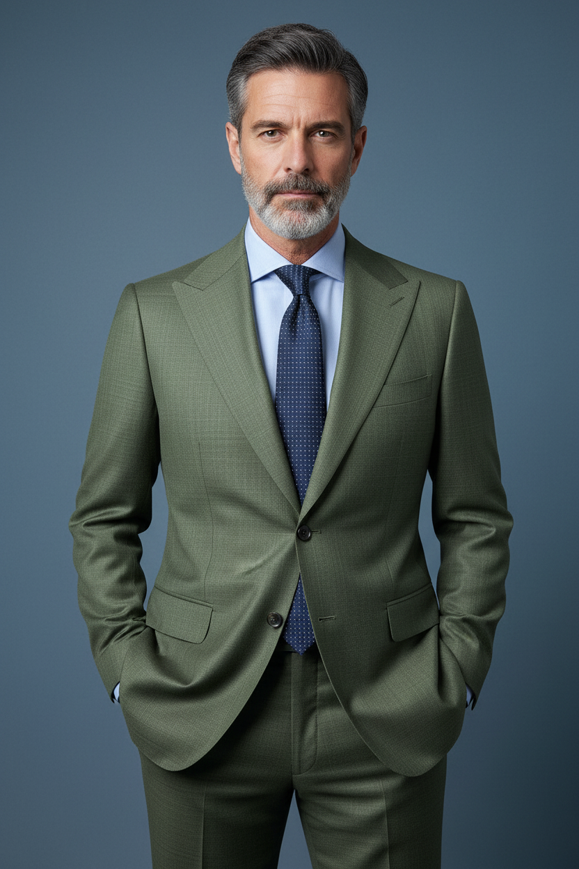 Olive suit with light blue shirt hands in pockets