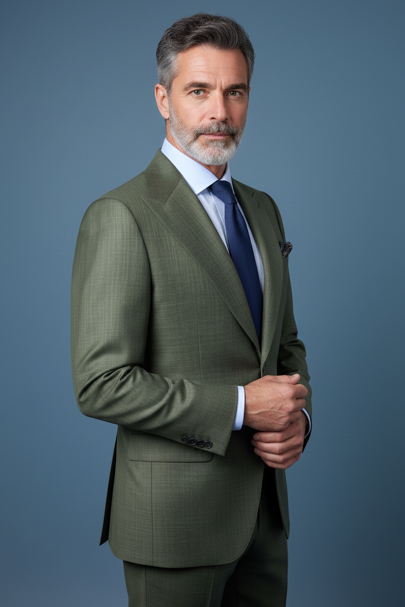 Olive suit with light blue shirt three-quarter