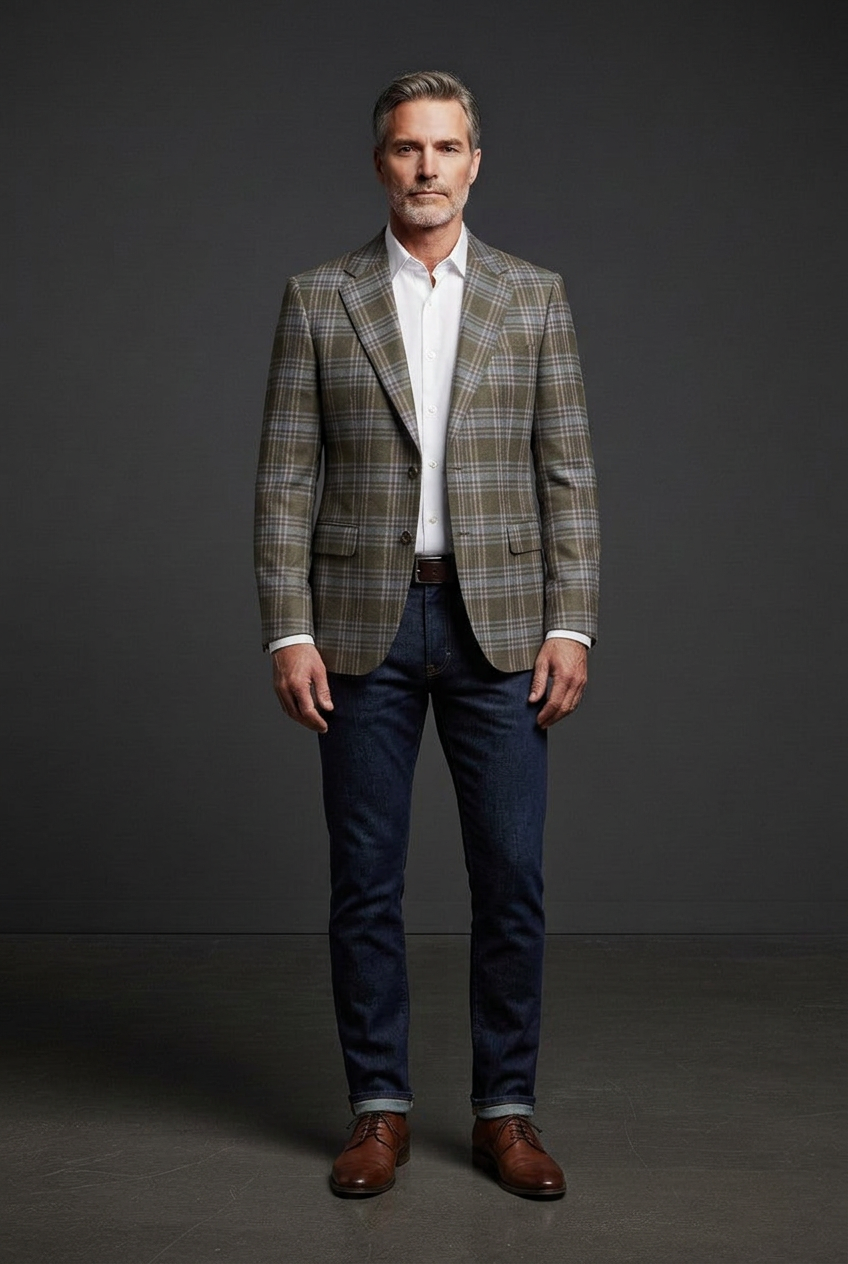 Olive taupe plaid jacket on your model