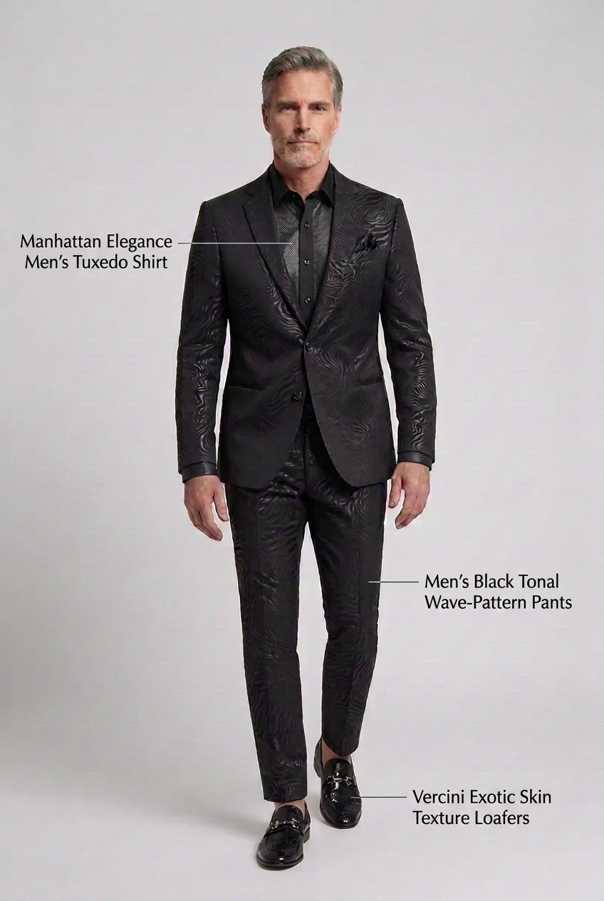 Men’s Black Tonal Wave-Pattern Blazer