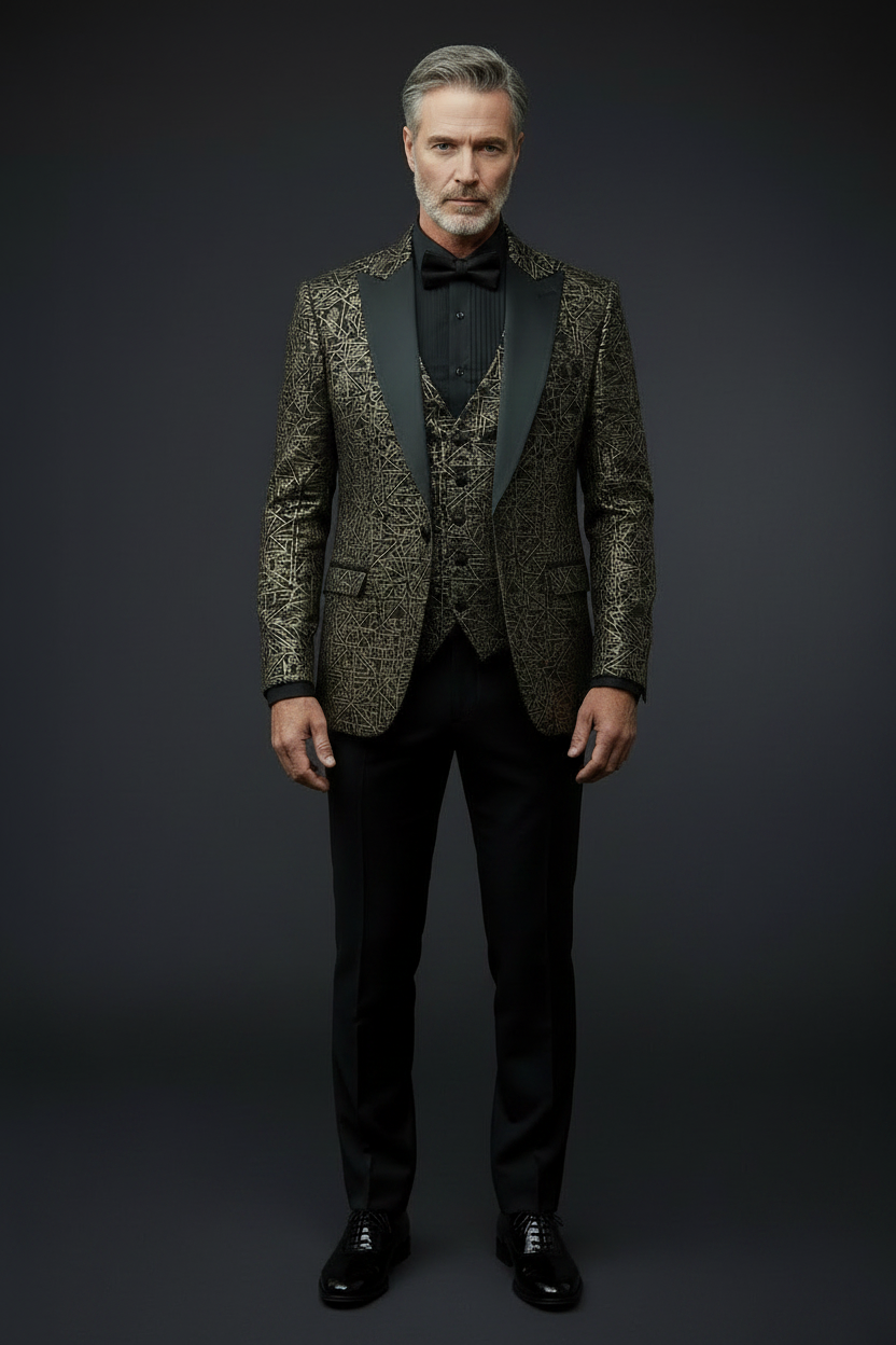 Gold Geometric Jacquard Tuxedo Suit