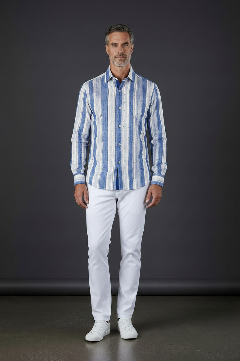 Blue & White Textured Stripe Dress Shirt