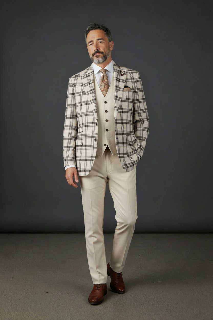 Cream & Black Plaid Blazer - Three-Piece Windowpane Suit