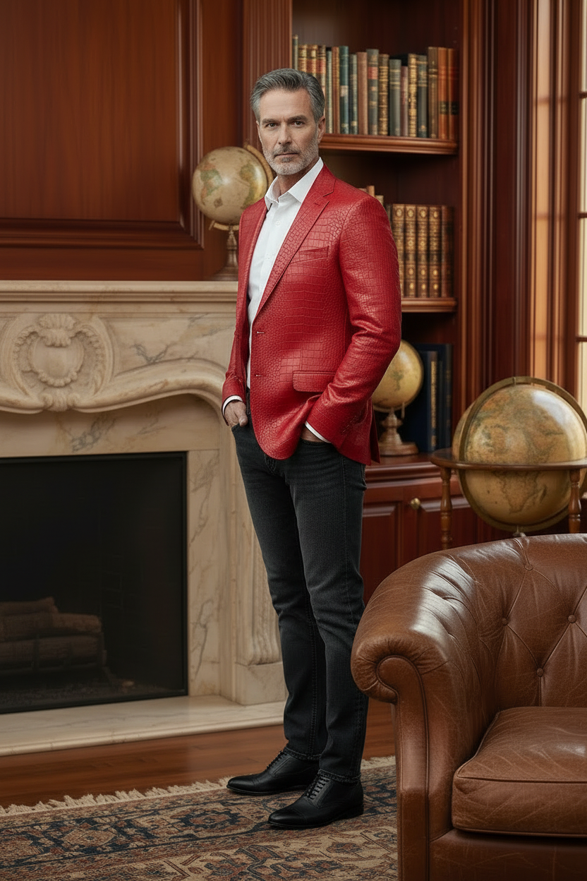 Luxury Crocodile Embossed Blazer - Cognac Brown/black
