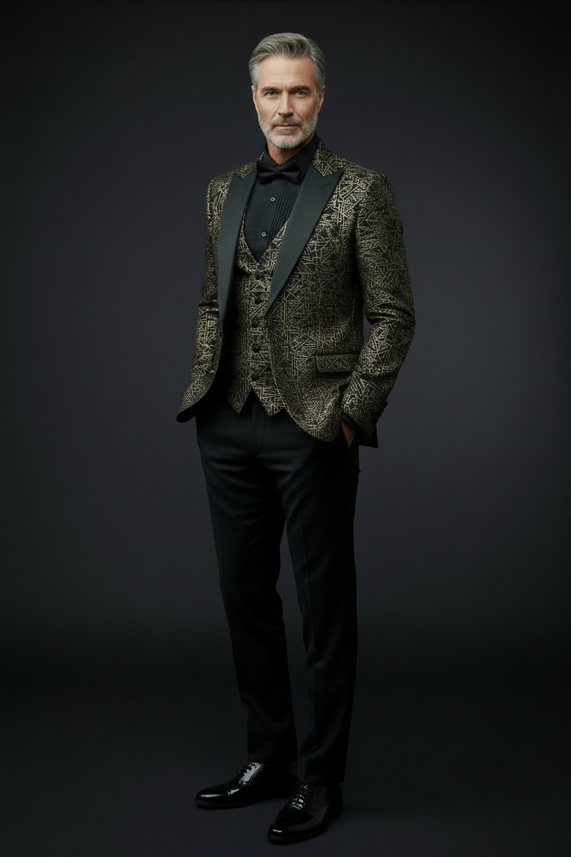 Gold Geometric Jacquard Tuxedo Suit