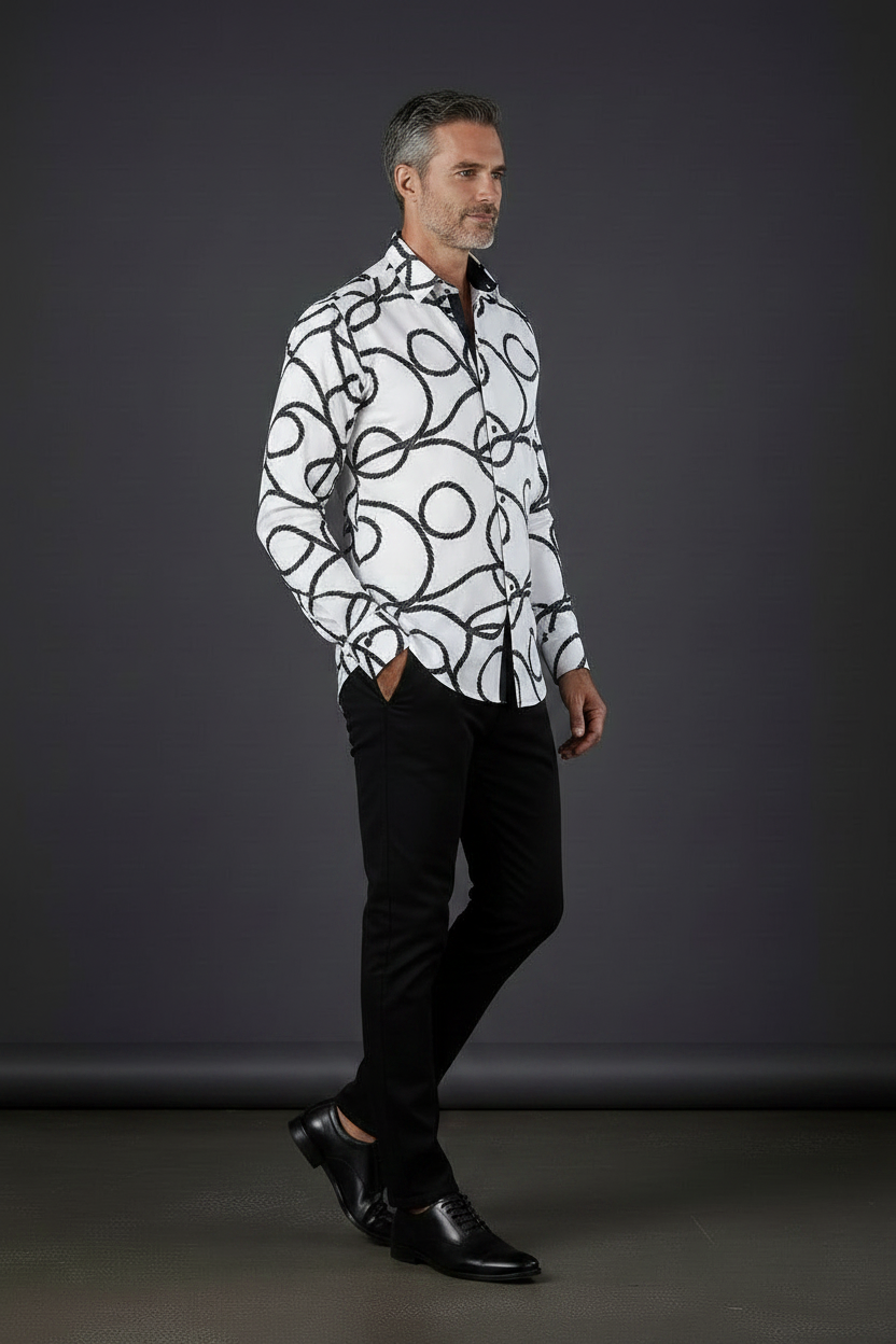 White Nautical Rope Print Dress Shirt