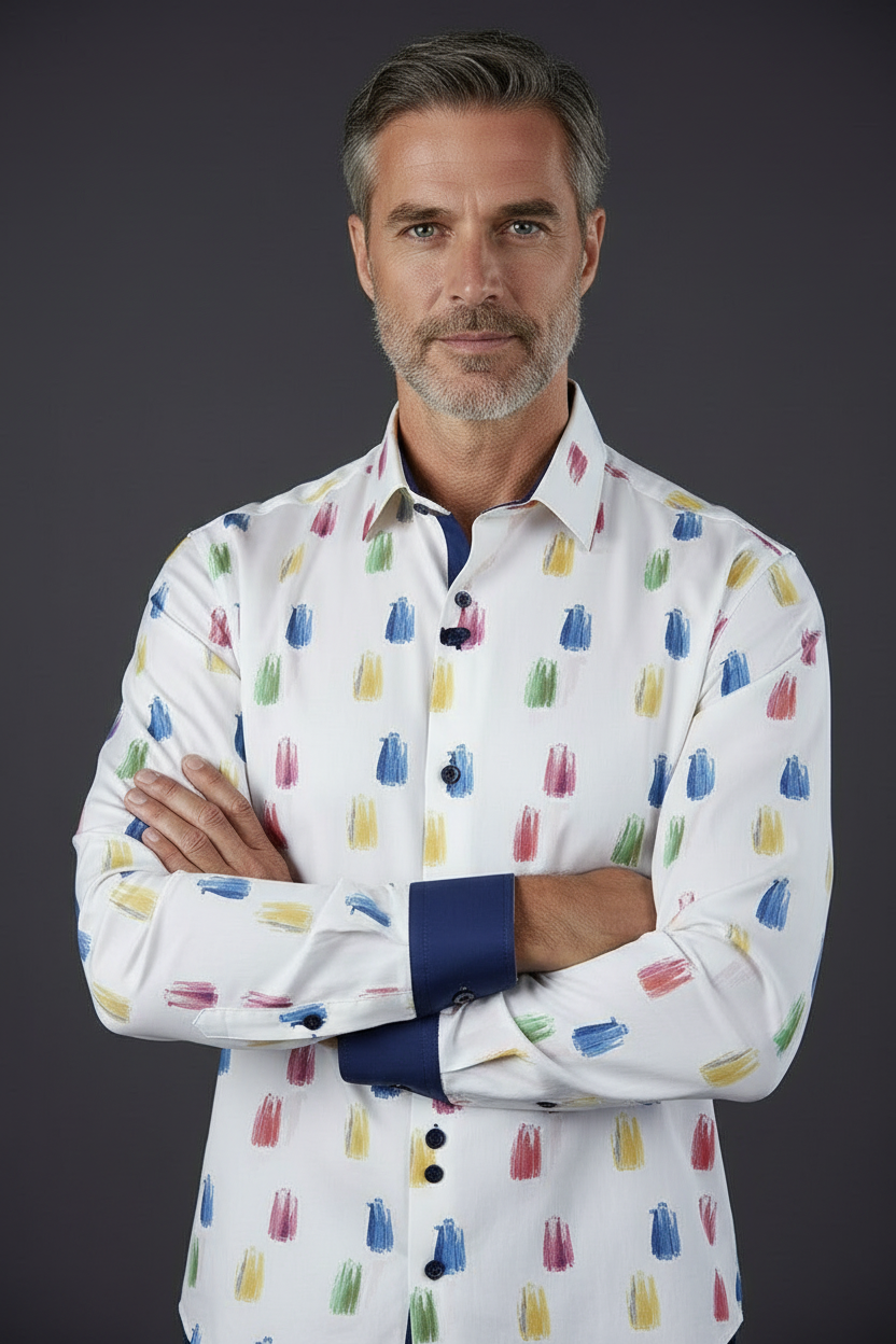 Man wearing a white shirt with colorful pattern against a dark background