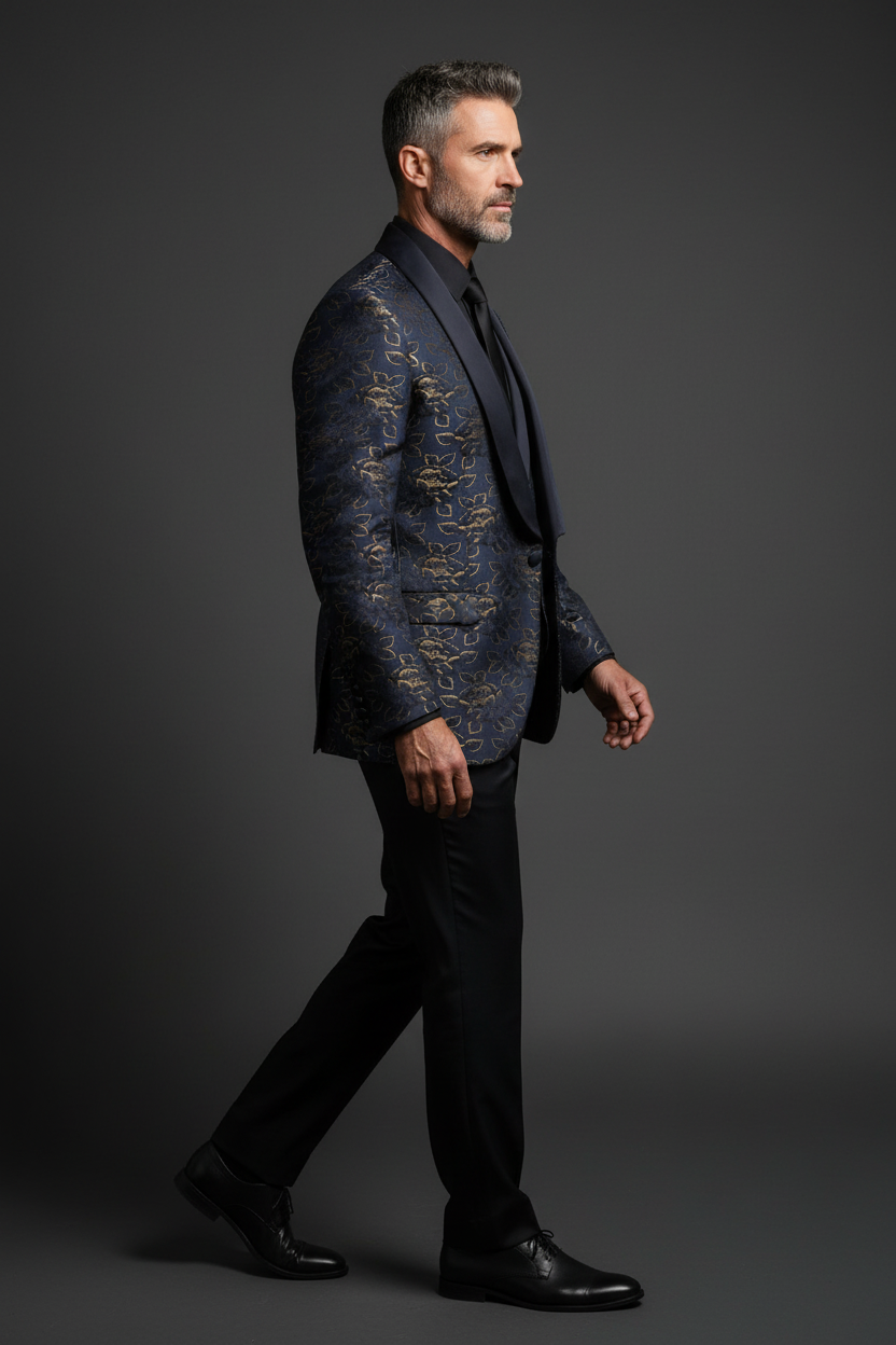 Midnight Blue & Gold Floral Tuxedo with Satin Shawl Lapel