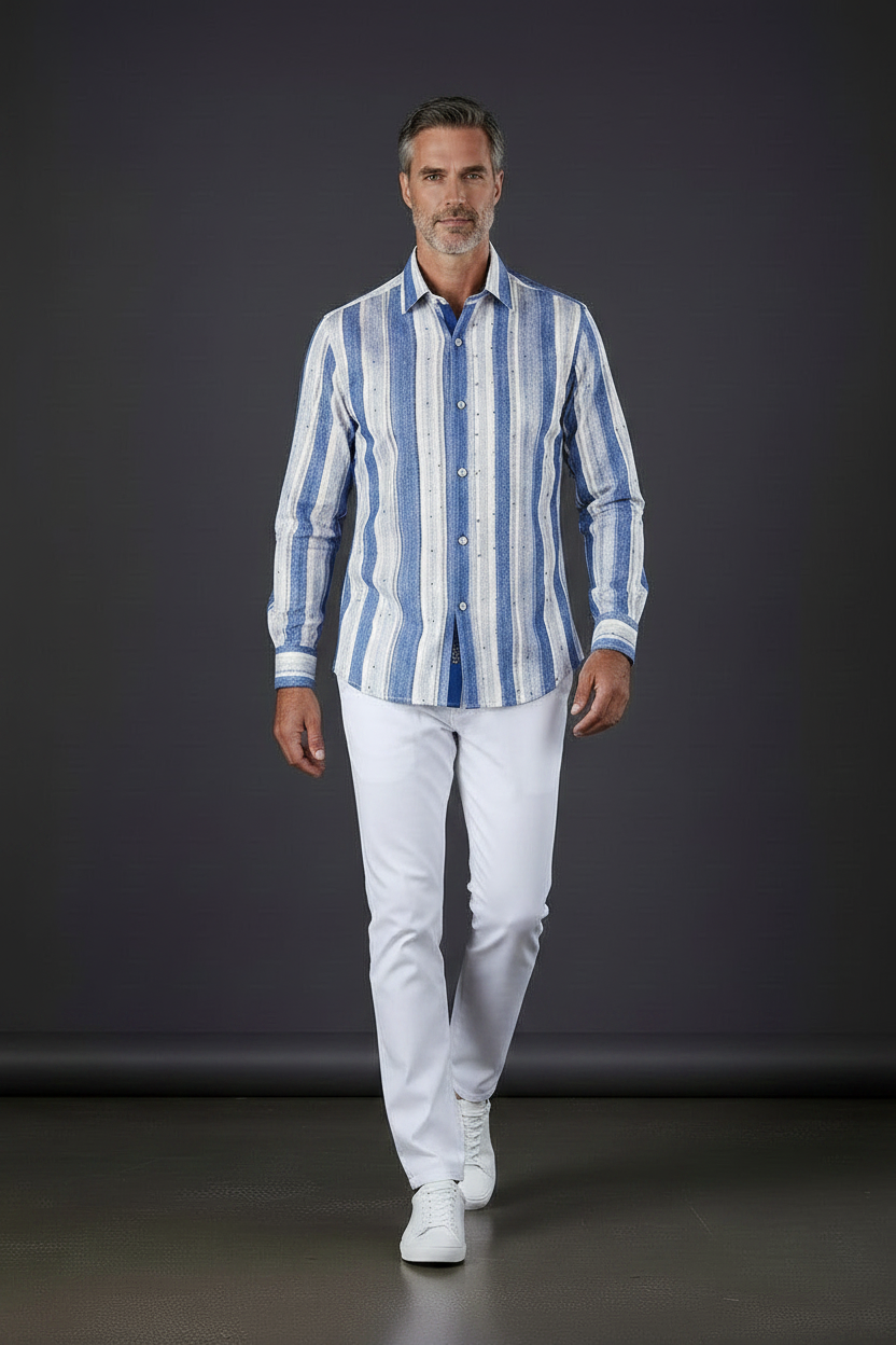 Blue & White Textured Stripe Dress Shirt