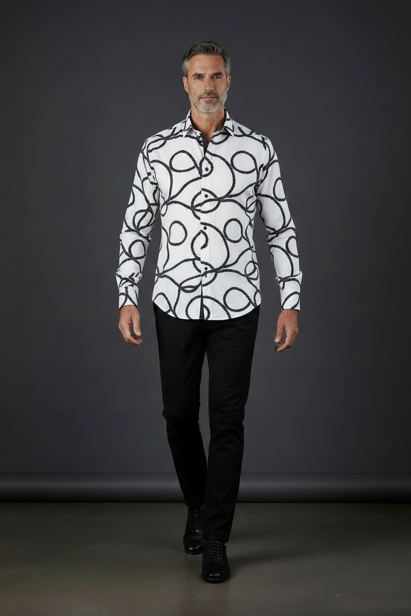 White Nautical Rope Print Dress Shirt