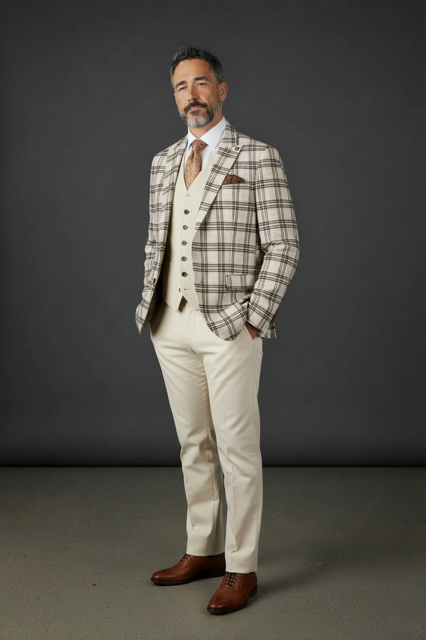 Cream & Black Plaid Blazer - Three-Piece Windowpane Suit