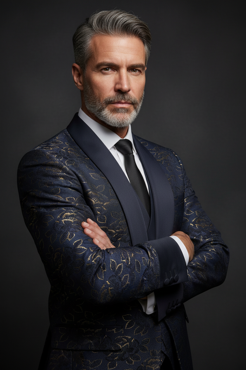 Midnight Blue & Gold Floral Tuxedo with Satin Shawl Lapel