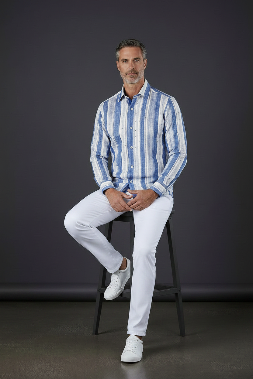 Blue & White Textured Stripe Dress Shirt
