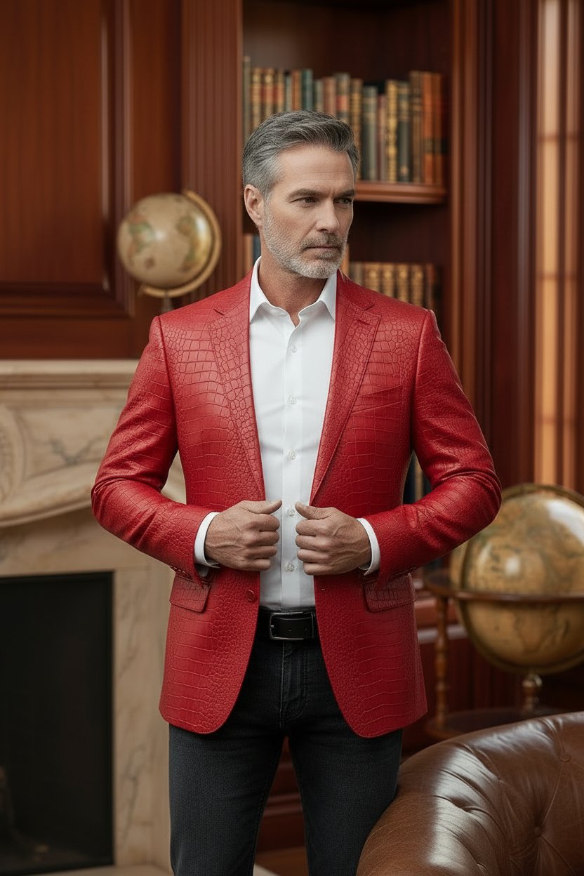 Luxury Crocodile Embossed Blazer - Cognac Brown/black